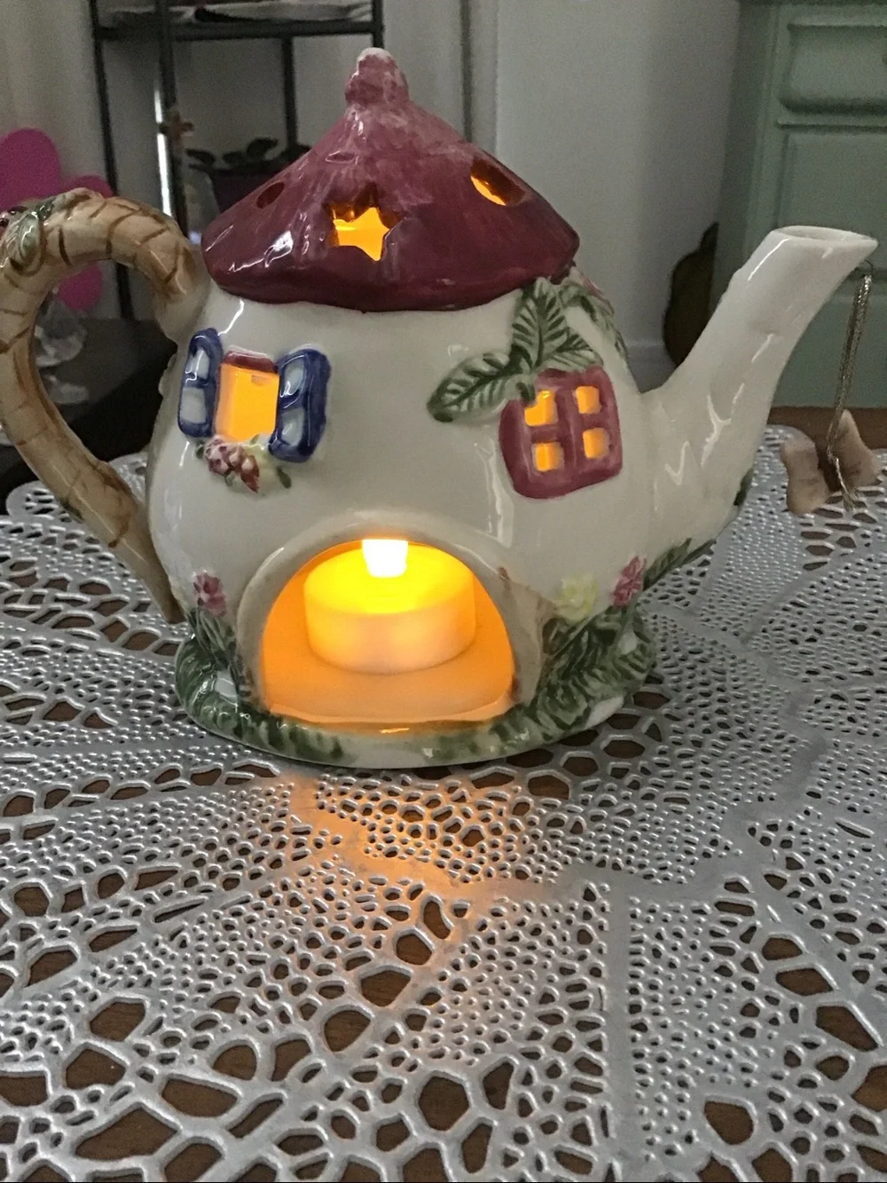 Teapot Cottage Tealight Holder Luminary, fairy garden look